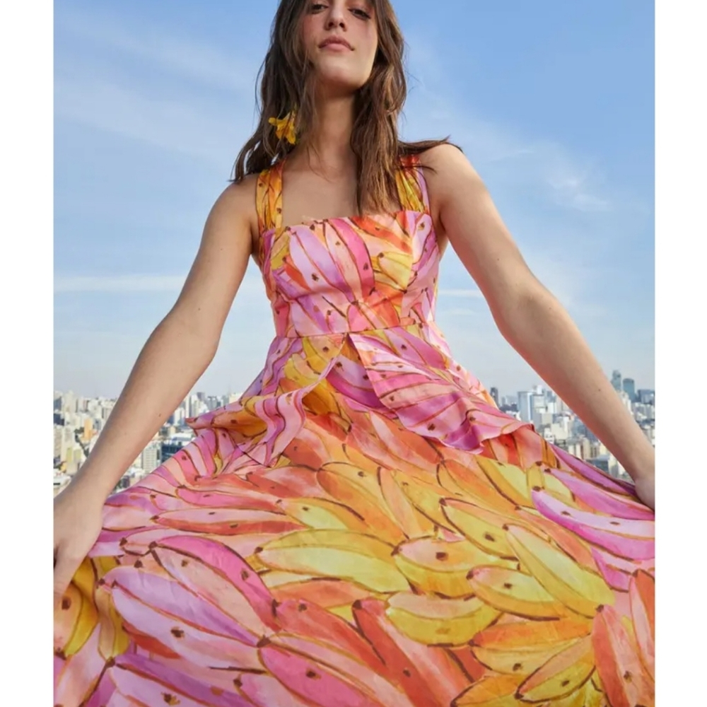FARM RIO Pink Ombre Bananas Cross Back Maxi Dress